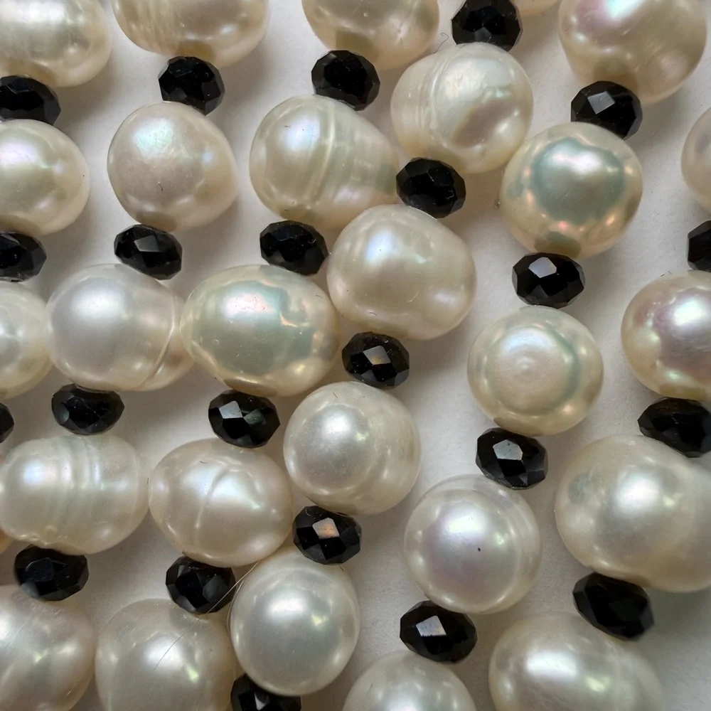 Carolee Classic White Pearl Long Necklace with Black Rhinestones